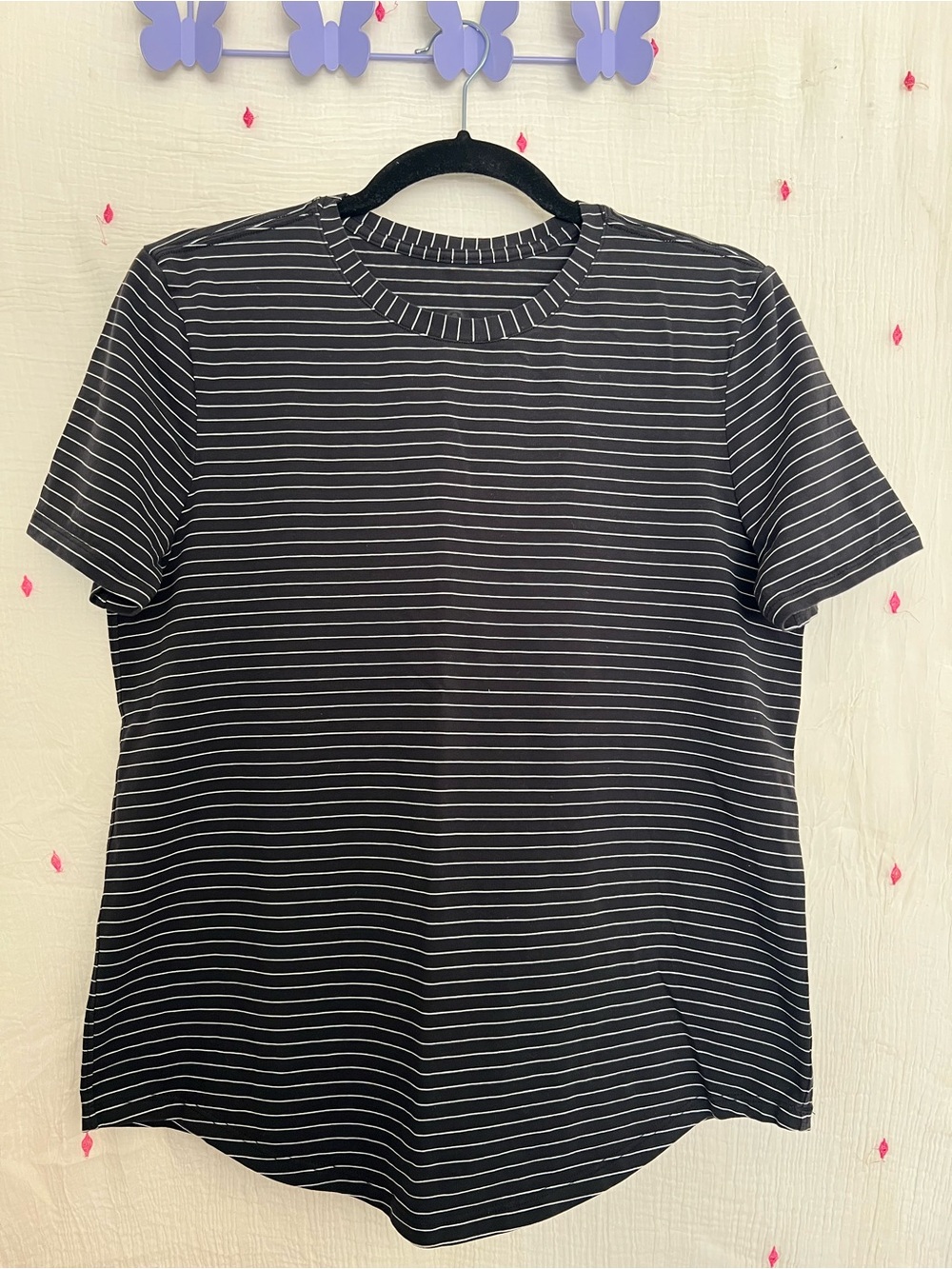 lululemon athletica Black Crewneck Short Sleeve Tee with White Stripes